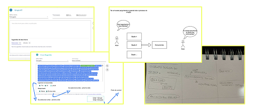 Composição visual com ideias e interface de grupos sugeridos