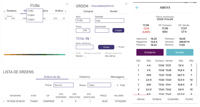 Imagens do Home Broker Web e do App Trade, mostrando o processo anterior de investimento