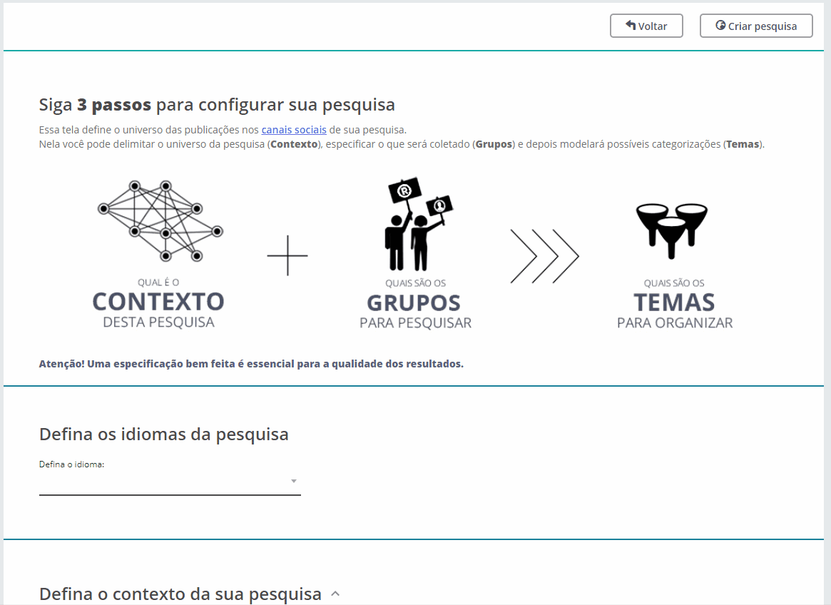 Versão longa da página de setup da plataforma